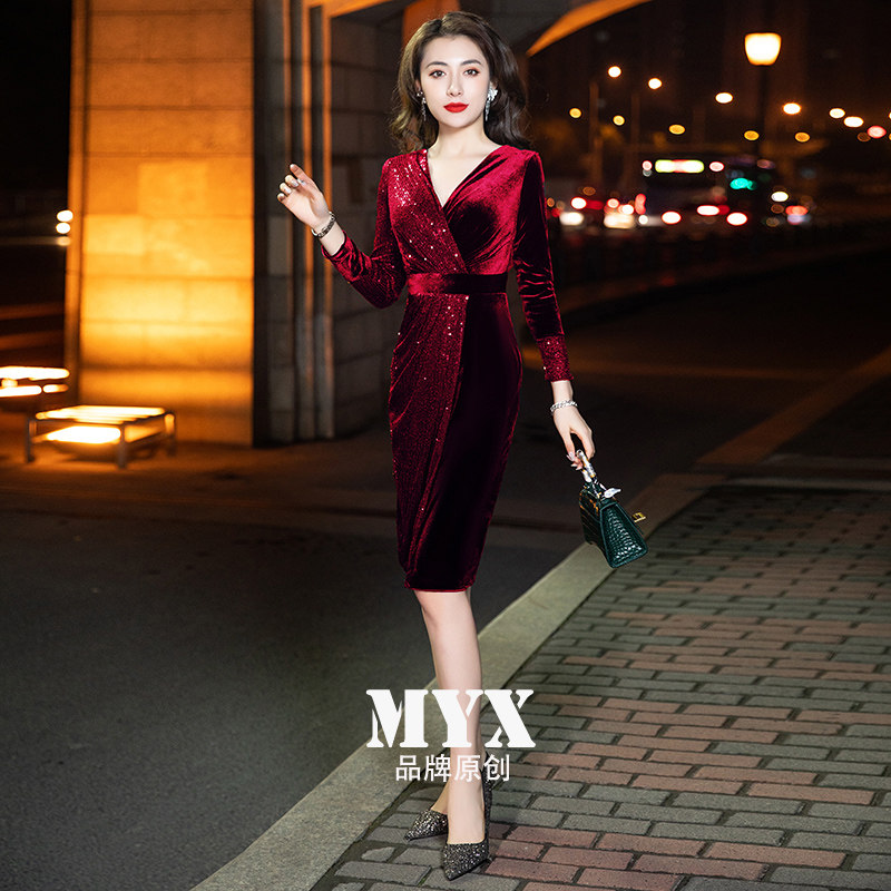 参加婚礼晚礼服女妈妈装红色婆婆丈母娘气质宴会连衣裙新娘敬酒服