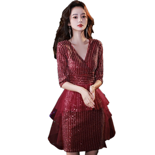 红色洋装小晚礼服裙女2025新款秋冬季短款高级法式气质新娘敬酒服