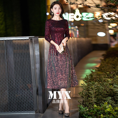 晚礼服女高贵气质品牌高端婚礼宴会喜妈妈装年轻亮片喜婆婆连衣裙