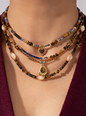 跨境欧美复古虎眼石天然石不锈钢爱心微镶锆石吊坠女串珠项链