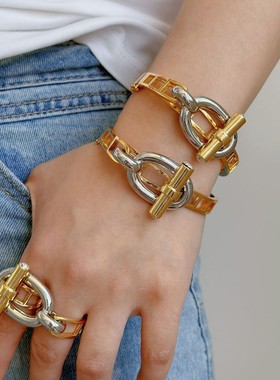 跨境新款横杆ot系列戒指手镯套装猪鼻子轻奢光面手镯戒指女