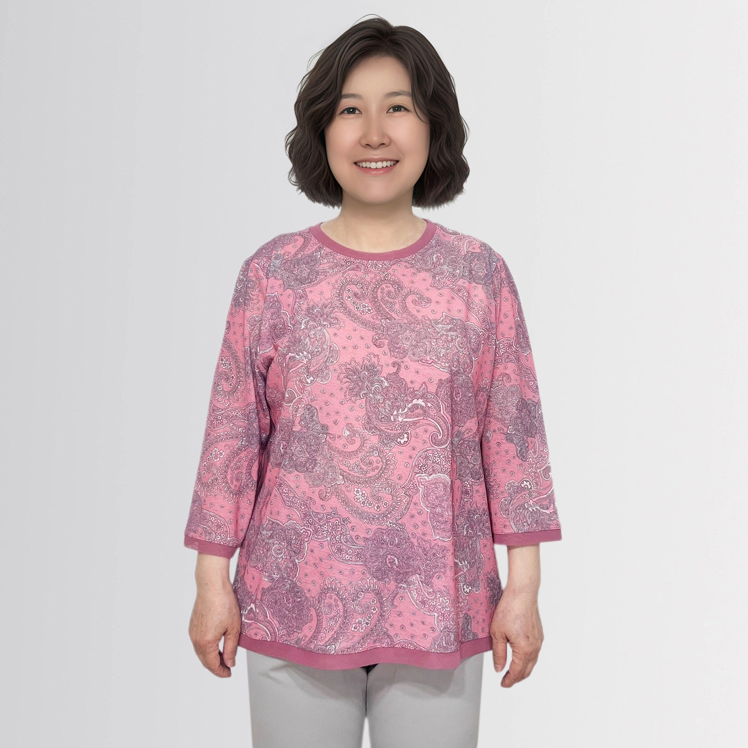 中老年宽松圆领印花七分袖T恤2025夏季新款韩国代购网纱妈妈装女