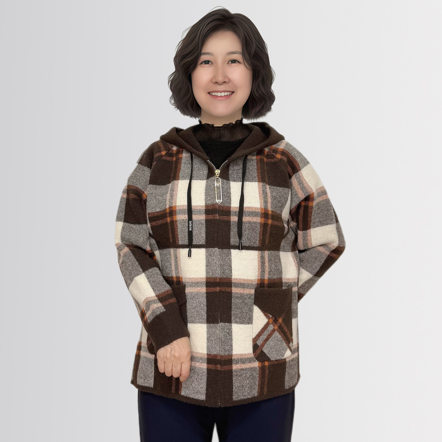 中老年宽松连帽针织拉链外套2025秋冬新款韩国代购格子妈妈毛衫女