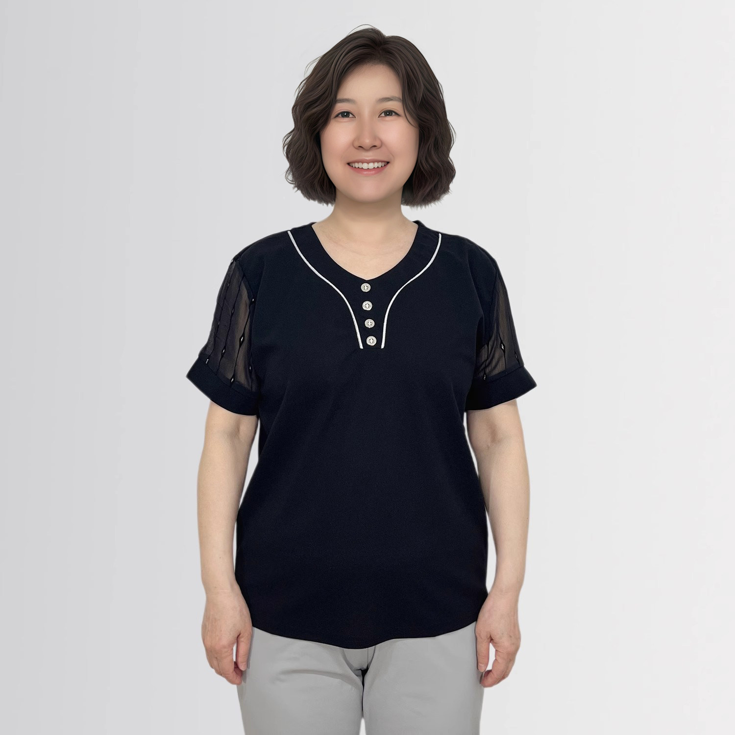 中老年宽松V领短袖T恤女2025夏季新款韩国代购黑色纽扣上衣妈妈装