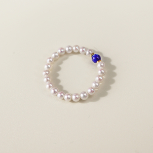 碎金子青金石珍珠戒指天然淡水小米珠戒指超细2mm新中式弹力绳女