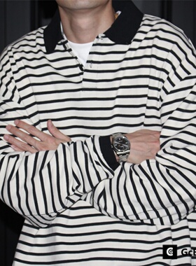 GcBrand Lab AW25 复古基础款 美式休闲撞色长袖T恤 条纹POLO衫潮