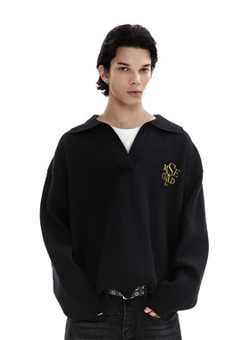 SAME OLD男女同款重磅假两件V领衫刺绣针织宽松休闲翻领毛衣套头