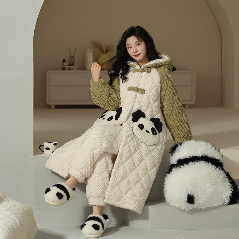 冬季长款开衫睡袍女士三层夹棉睡衣加厚珊瑚绒连帽卡通家居服套装