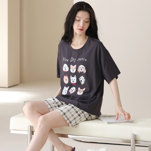 百分百纯棉带胸垫短袖短裤睡衣女夏季薄款卡通时尚全棉家居服套装