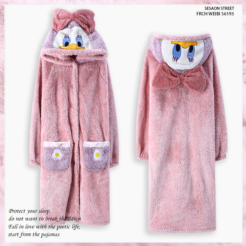 冬季珊瑚绒睡衣加厚加绒开衫睡袍中长款粉色少女法兰绒保暖家居服