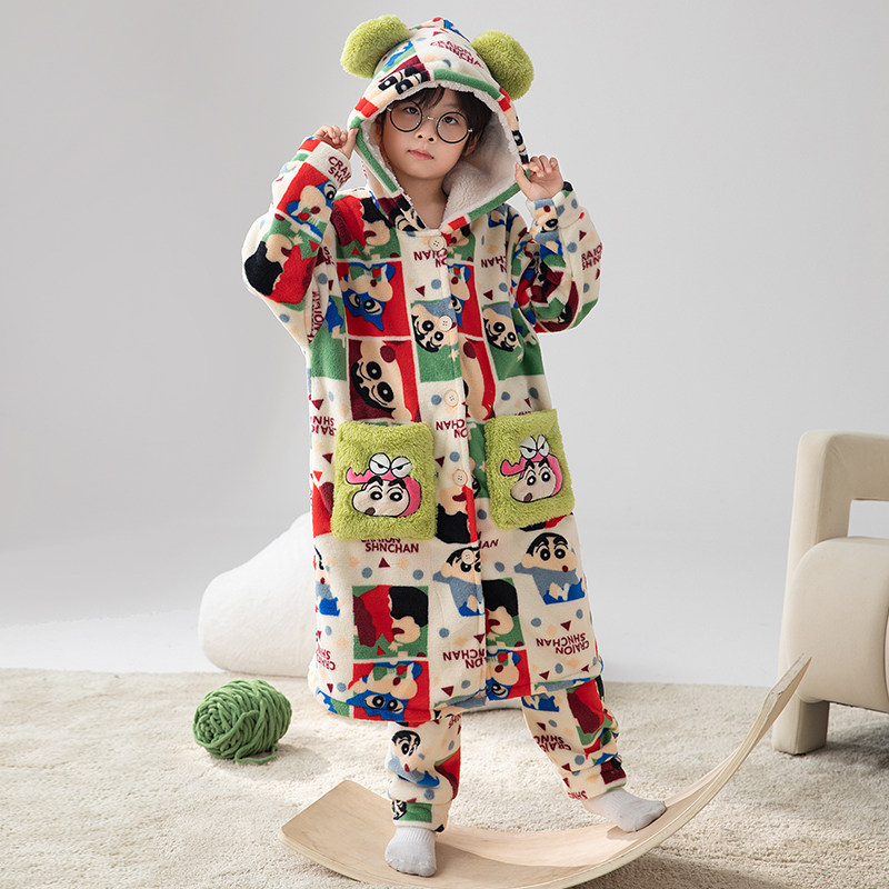 秋冬季蜡笔小新珊瑚绒长款睡袍套装男童连帽加厚保暖亲子装家居服