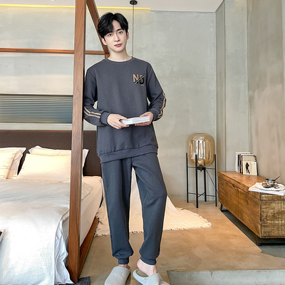 秋冬季男士拉链空气纯棉夹层睡衣