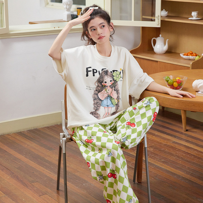 纯棉睡衣女夏季短袖薄款亲肤柔软女士长裤卡通时尚学生家居服套装