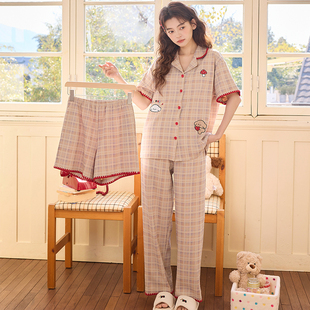 纯棉睡衣女夏薄款翻领开衫短袖长裤带胸垫复古风外穿家居服三件套