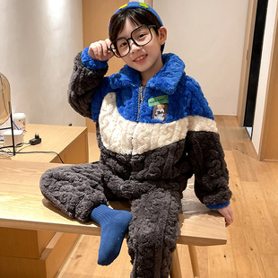 秋冬季男大童珊瑚绒拉链睡衣加厚保暖卡通法兰绒可外穿家居服套装