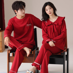 新款纯棉情侣长袖套头红色新婚睡衣女娃娃领男士结婚本命年家居服