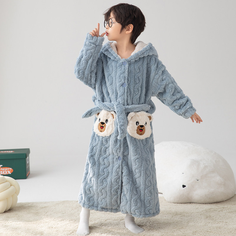 冬季男童连帽开衫卡通长袍长裤睡衣两件套可爱加厚加绒保暖家居服