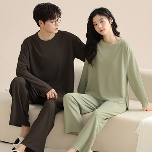 高颜值纯色情侣纯棉睡衣春秋长袖长裤简约男女士可外穿家居服套装