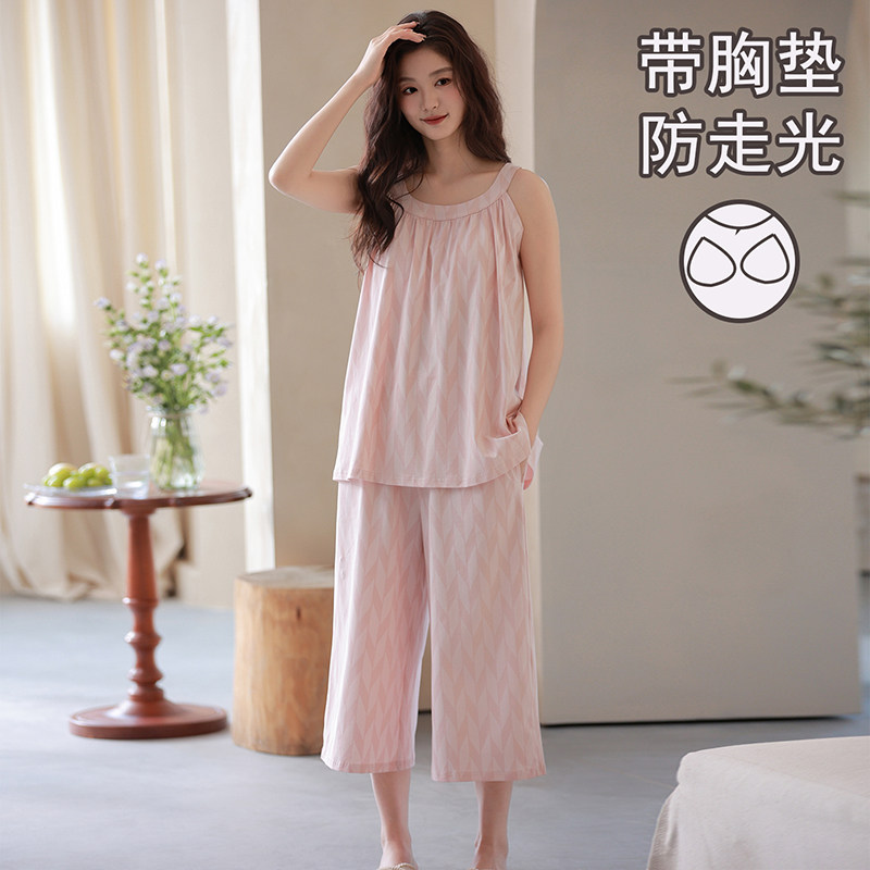 带胸垫莫代尔吊带睡衣女夏季无袖七分裤薄款妈妈装凉感宽松家居服