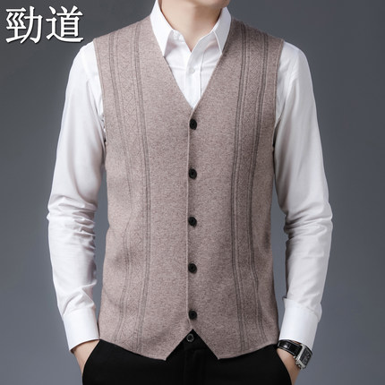 劲道爸爸装羊毛背心男秋冬无袖坎肩中老年人V领马甲保暖针织衫新