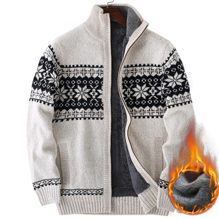 毛衣男开衫 宽松休闲雪花图案拉链外套加厚加绒羊羔毛立领针织线衫