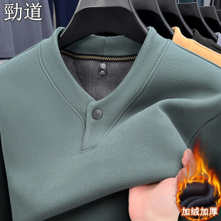 V领一粒扣长袖 中年爸爸装 加绒T恤衫 新款 商务休闲德绒t恤 冬季 男士