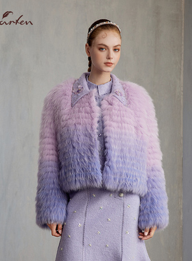 CHARFEN时髦毛绒系紫色渐变短皮草外套女翻领皮草CFE5E106-1020M