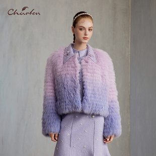 CHARFEN时髦毛绒系紫色渐变短皮草外套女翻领皮草CFE5E106 1020M