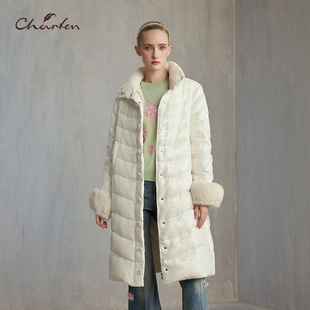 CHARFEN高智感泡芙羽绒服长款白色立领保暖外套女CFE5F820-8067Y