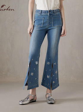 高街风刺绣牛仔喇叭裤女蓝色重工长裤百搭时尚CFF2E323-3023P