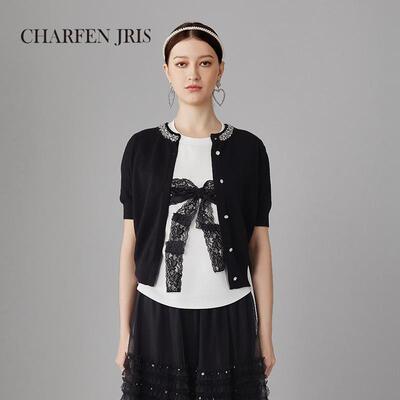 CHARFENJRIS朝峰2025春季新款高端圆领黑色洋气设计感针织开衫