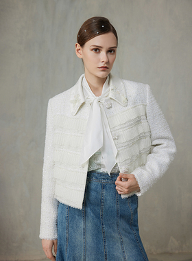 CHARFEN小香风白短款外套重工蕾丝翻领系带短外套CFF1B808-8018A