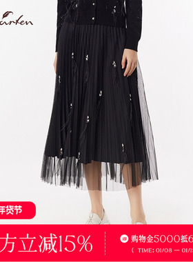 CHARFEN雅风黑色网纱半身裙女中长款A字裙气质伞裙CFF3B018-0026E