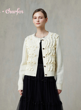 CHARFEN波浪纹花边水晶针织开衫女毛衣洋气上衣CFF1B553-5058C