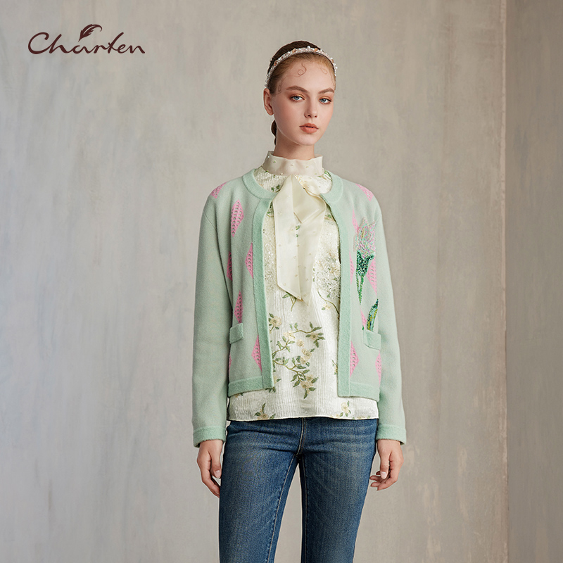 重工钉珠精致圆领针织开衫