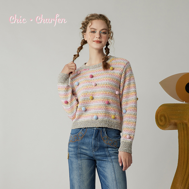 彩色条纹圆领长袖毛衣