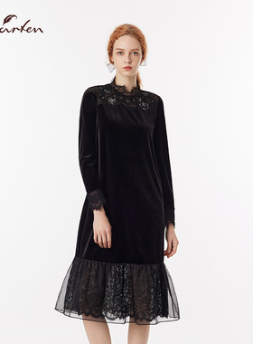 CHARFEN轻奢优雅黑色蕾丝重工刺绣中长款小黑裙女CFF3B015-0070G