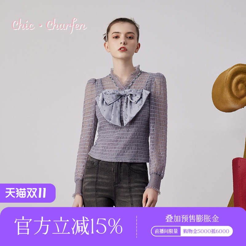 CHARFEN秋季新款时尚百搭显瘦蝴蝶结针织衫女CFE3C225-2026B