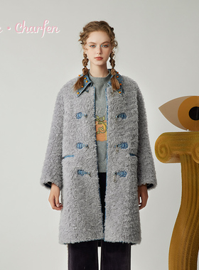 CHARFEN撞色翻领牛仔中长款外套高级气质皮草大衣CFE5G551-5060M