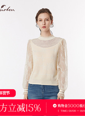 CHARFEN秋季新款半高领蕾丝针织衫女时尚百搭上衣CFF3B113-1073C