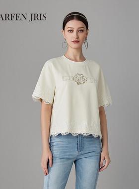 CHARFENJRIS朝峰2025春季新款潮流宽松圆领蕾丝绣花短袖T恤衫女