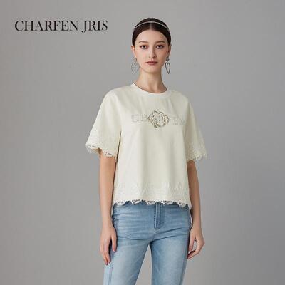 CHARFENJRIS朝峰2025春季新款潮流宽松圆领蕾丝绣花短袖T恤衫女