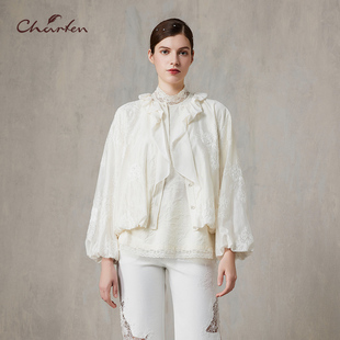 CHARFEN重工蕾丝翻领短外套女春季灯笼袖白搭衬衫CFF1D376-3052T