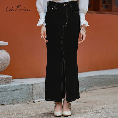 CHARFEN复古知性牛仔长款半裙