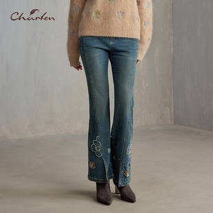 子CFE5F327 CHARFEN重工刺绣牛仔裤 刺绣钉珠裤 修身 3032P 微喇长裤