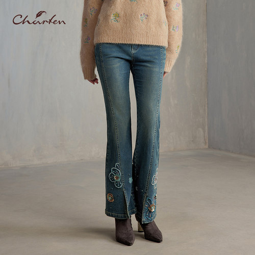 CHARFEN重工刺绣钉珠微喇牛仔裤