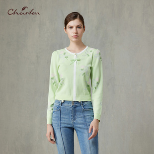 CHARFEN春季新款时尚百搭显瘦重工钉珠亮片针织衫CFF1C128-1053C