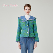 CHARFEN小香风拼色短外套女娃娃领珍珠扣格纹外套CFE1B211 2017A