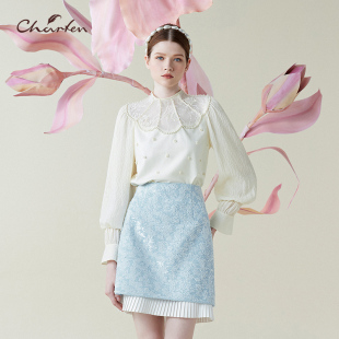 Charfen朝峰春优雅新款 百搭显瘦圆领云肩钉珠针织上衣女2411013