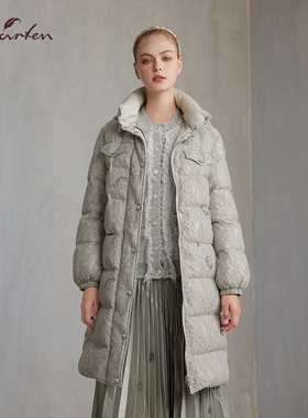 CHARFEN冬季重工刺绣连帽羽绒服女中长款保暖外套CFE5F027-0033Y